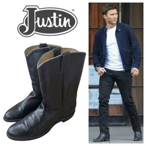 Justin Mens 10 B Cowboy Roper Boots Black Leather Western Rodeo Pull On